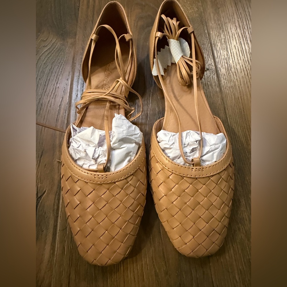 Madewell Women's Tan Ankle Tie Woven Flats in Leather
